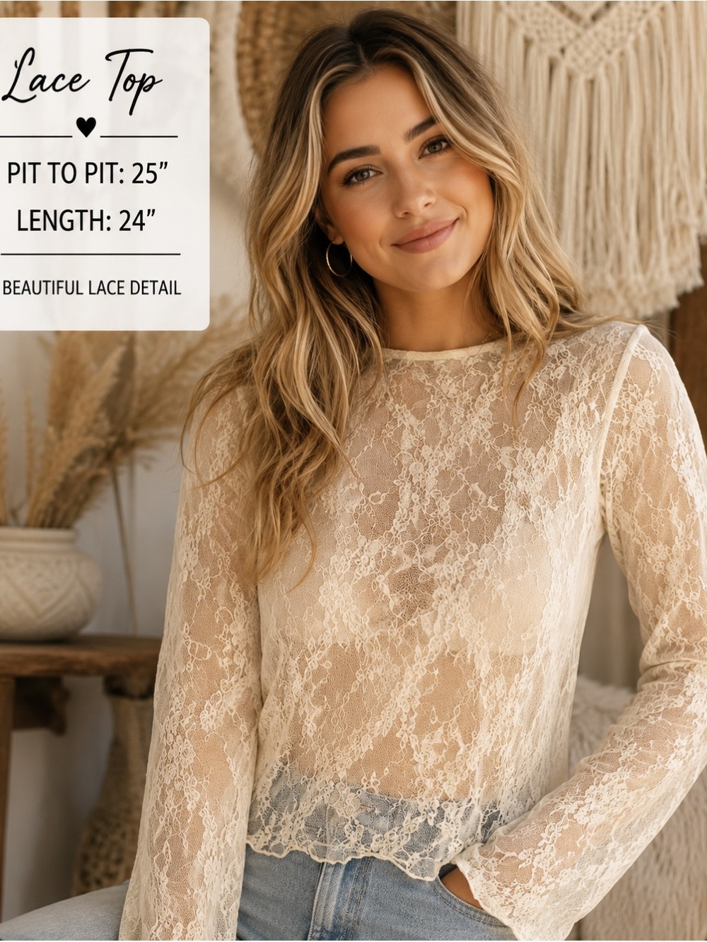 Sheer Lace Long Sleeve Top in Cream